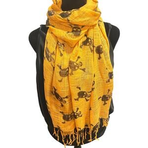 Liss Kiss Crossbones Print Scarf Mustard Yellow Large Lightweight Fringe